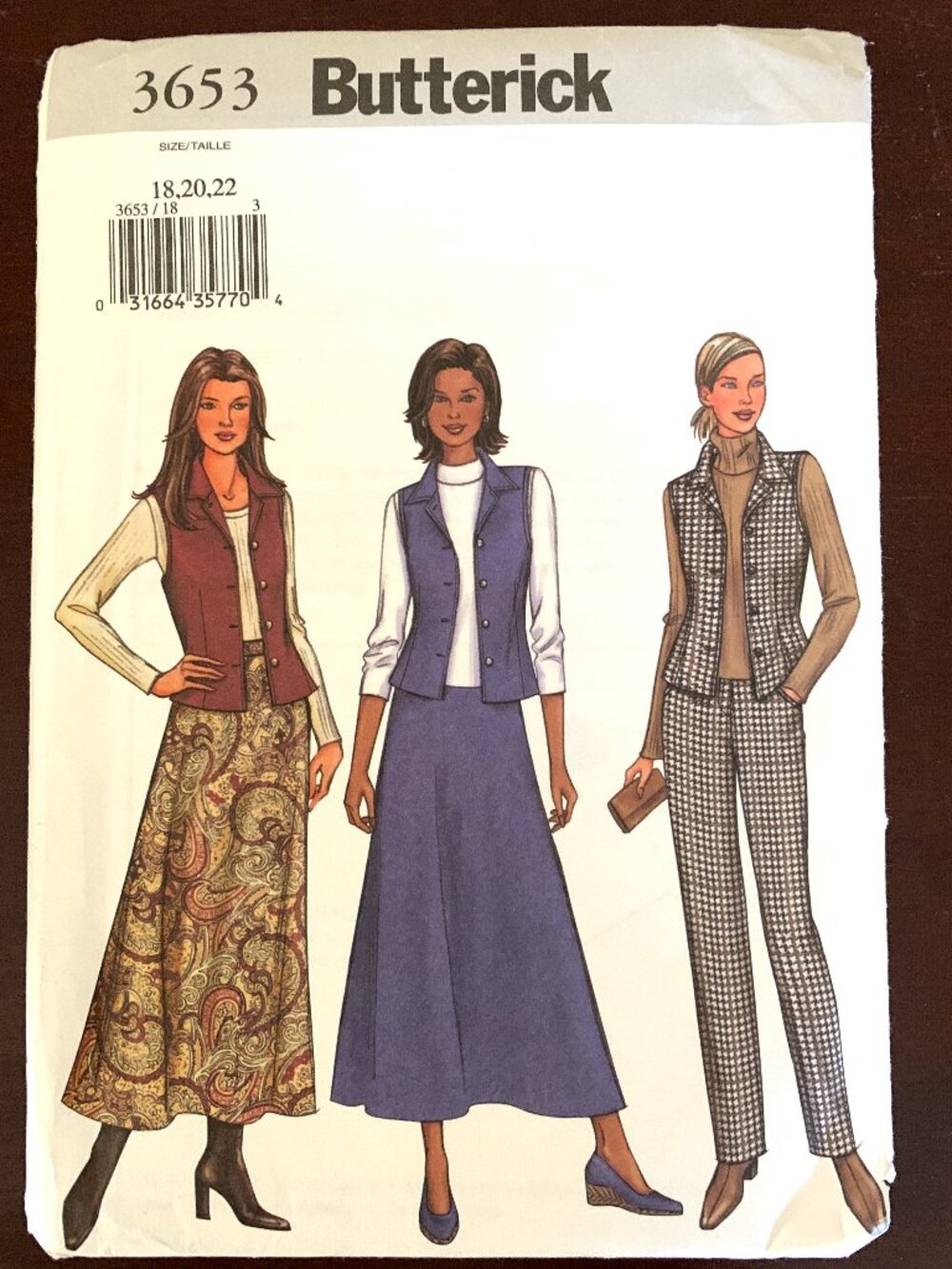 Vintage Uncut Butterick #3653 in sizes (18.20.22). Misses Vest, Skirt and Pants
